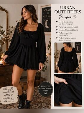 Urban Outfitters Black Swiss Dot Romper Cottagecore Puff Sleeve Smocked Size L
